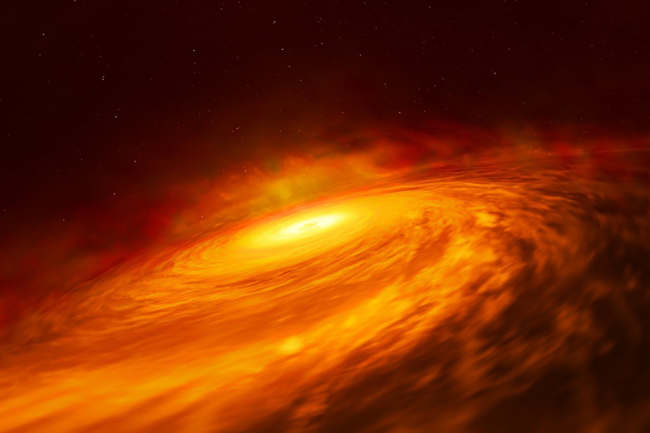 An artist's illustration of a thin disc embedded in a supermassive black hole at the center of spiral galaxy NGC 3147, 130 million light-years away.