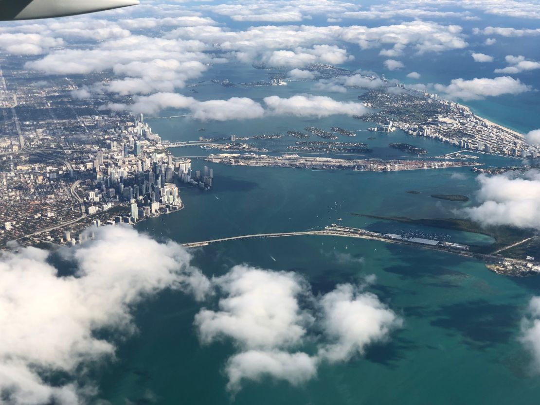 A view of downtown Miami and South Beach from a plane shows the oceanfront development of the past.