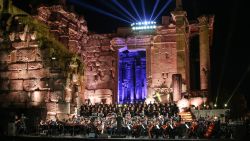 Lebanese singer Marcel Khalife performs during a concert at the steps of the Temple of Bacchus on the opening night of the Baalbek International Festival in Lebanon's eastern Bekaa Valley on July 5, 2019. (Photo by - / AFP)        (Photo credit should read -/AFP/Getty Images)