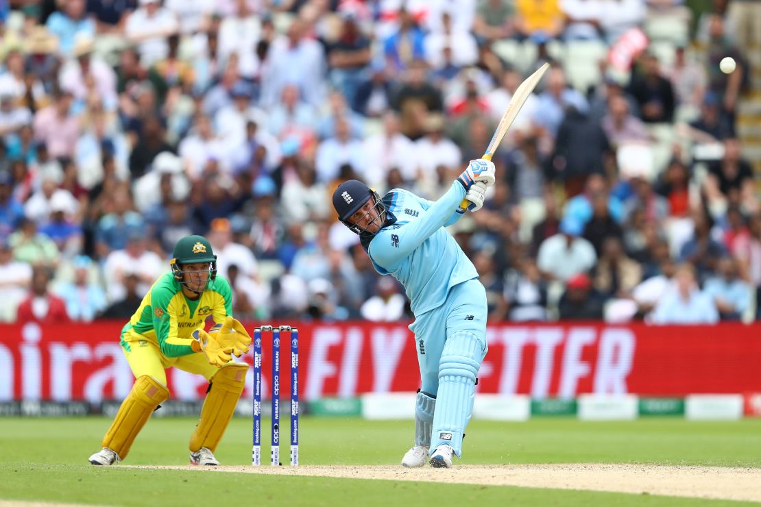 Jason Roy hits a six off the bowling of Steve Smith during England's reply.