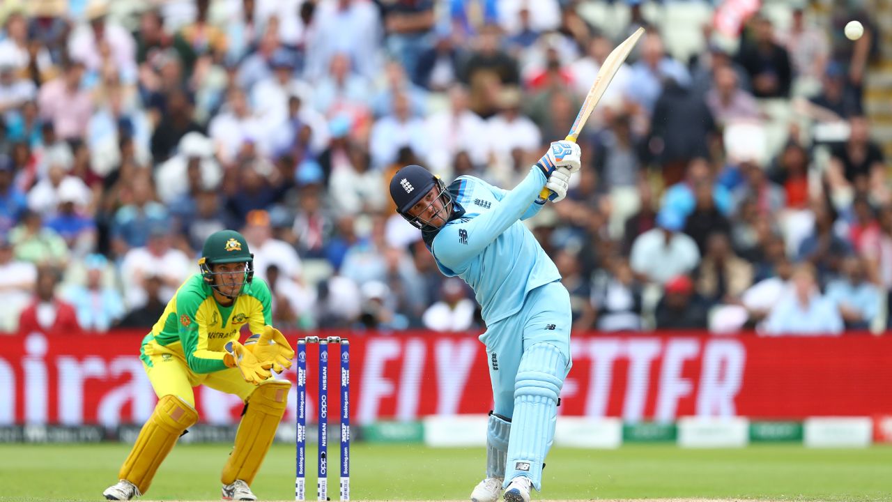 Jason Roy hits a six off the bowling of Steve Smith during England's reply.
