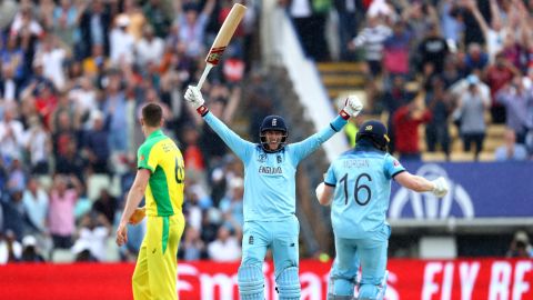 Joe Root  celebrates as Eoin Morgan of England scores the winning runs to secure victory.
