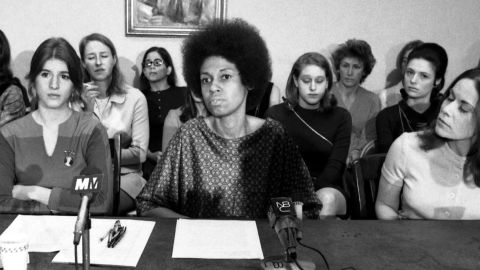 Forty-six women employees of male-dominated Newsweek magazine conduct a press conference here March 16 to announce they are suing the magazine under the 1964 Civil Rights Act. Charging discrimination in jobs and hiring, they said they are 'forced to assume a subsidiary role simply because of their sex.' Seated (Left to Right) are: employees Patricia Lynden, Mary Pleshette, Eleanor Holmes Norton and ACLU legal director Lucy Howard.