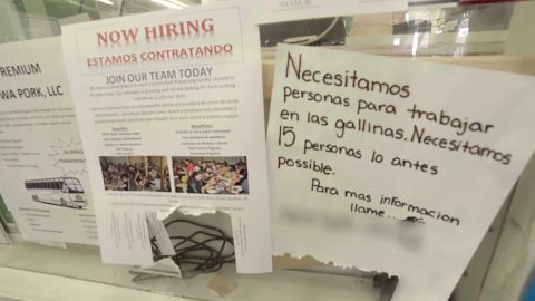 Job notices posted in English and Spanish on a Worthington storefront. 