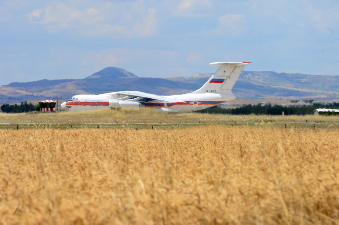 A Russian cargo plane transporting parts of the S-400 air defence system lands at Murted Airfield on Friday.