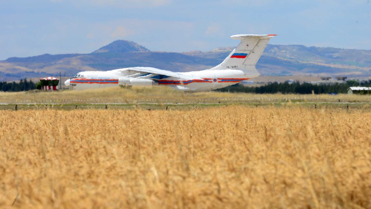 A Russian cargo plane transporting parts of the S-400 air defence system lands at Murted Airfield on Friday.