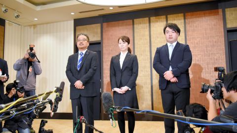 Executives of the AKS, who manages pop group NGT48, attend a press conference after Maho Yamaguchi of NGT48 was attacked by fans in front of her house on January 14, 2019 in Tokyo, Japan. 