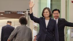 In this photo released by the Taiwan Presidential Office, Taiwanese President Tsai Ing-wen, waves as she leaves for the Caribbean from Taoyuan International Airport in Taoyuan, Taiwan on Thursday, July 11, 2019. President Tsai departed Thursday for a four-country state visit to the Caribbean with stops in the United States on the way there and back. (Taiwan Presidential Office via AP)