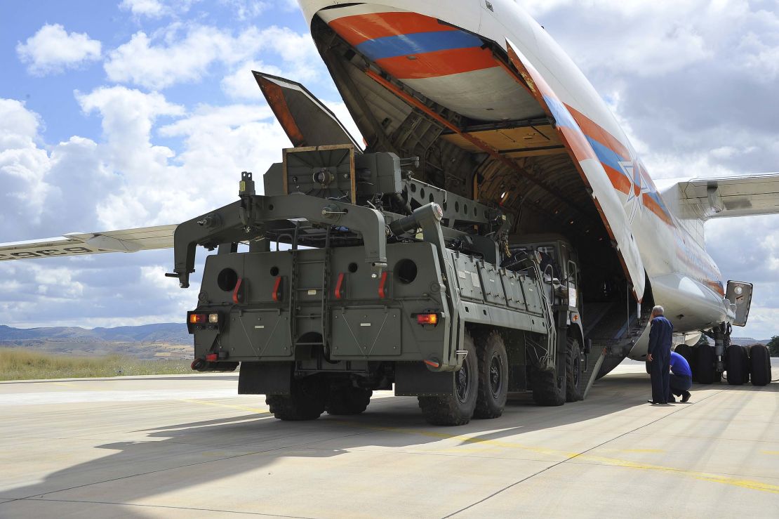 Parts of the S-400 air defense systems are unloaded from a Russian transport aircraft at Murted military airport in Ankara on Friday.