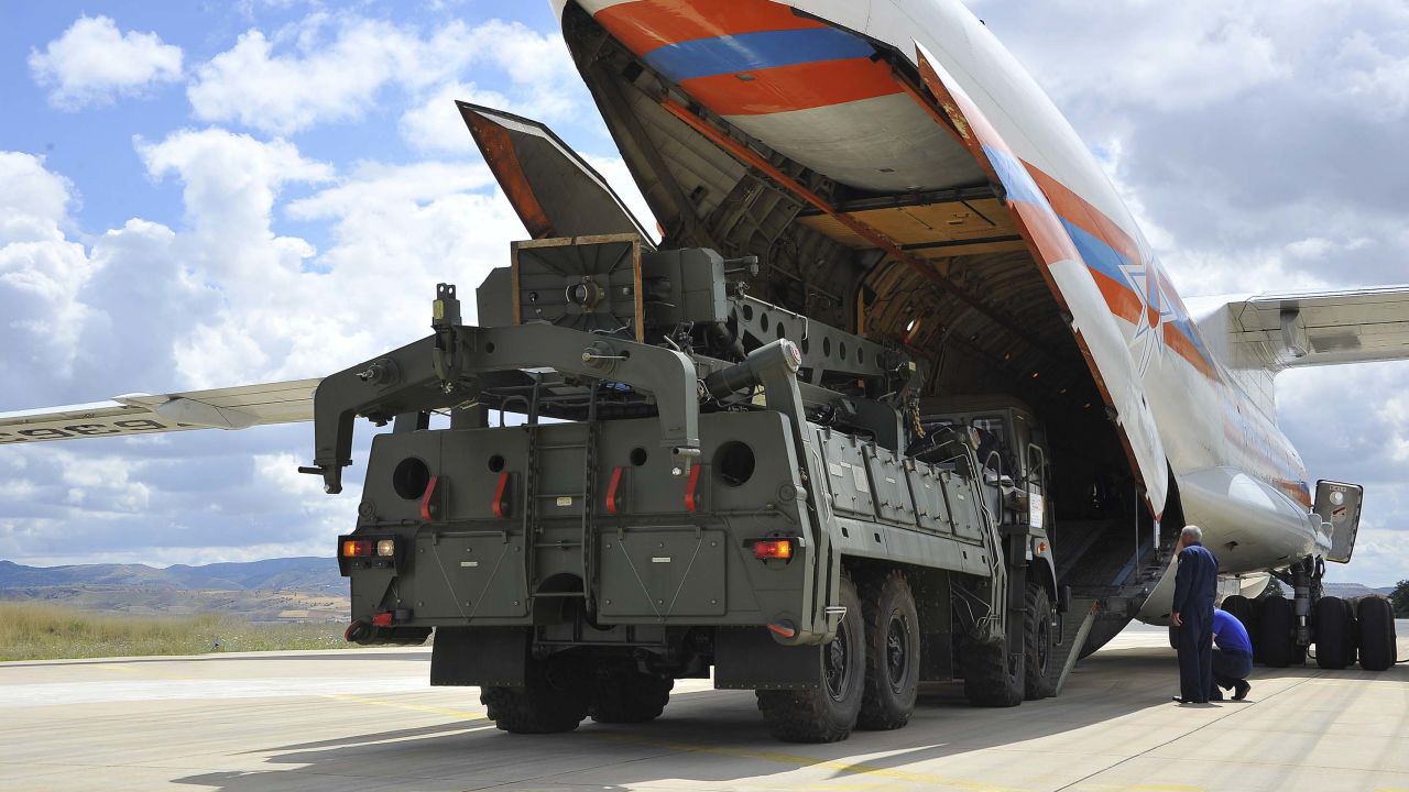 Parts of the S-400 air defense systems are unloaded from a Russian transport aircraft at Murted military airport in Ankara on Friday.