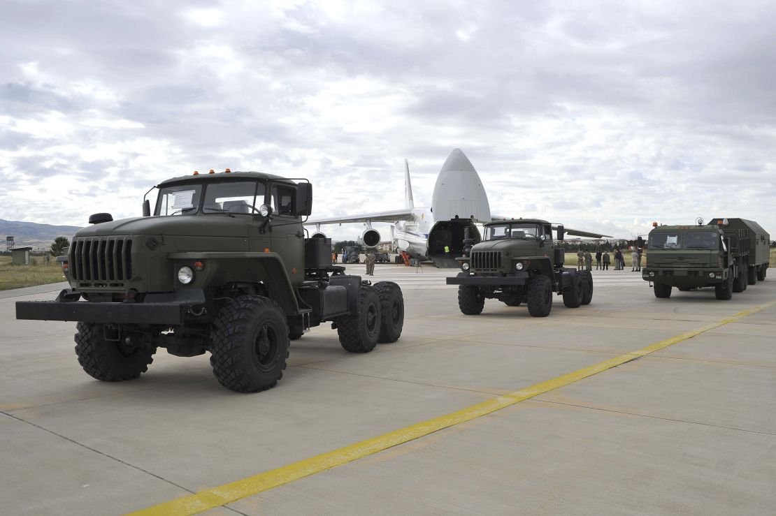 Military vehicles and equipment, including parts of the S-400 air defense systems, are unloaded from a Russian transport aircraft in Ankara on Friday, July 12, 2019.