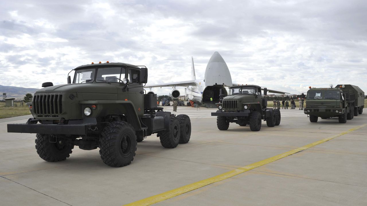 Military vehicles and equipment, including parts of the S-400 air defense systems, are unloaded from a Russian transport aircraft in Ankara on Friday, July 12, 2019.