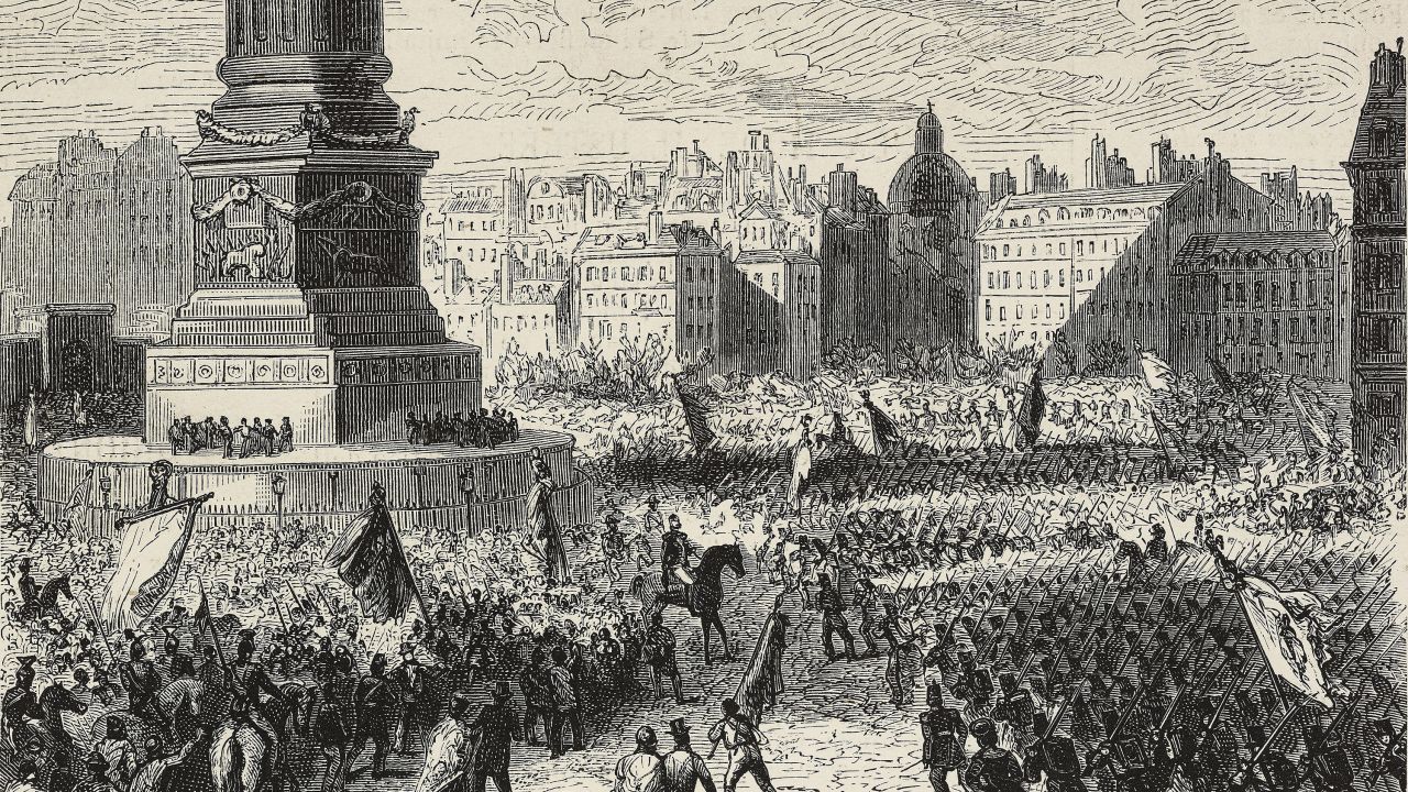 This engraving shows the proclamation of the republic in Bastille Square on February 27, 1848.