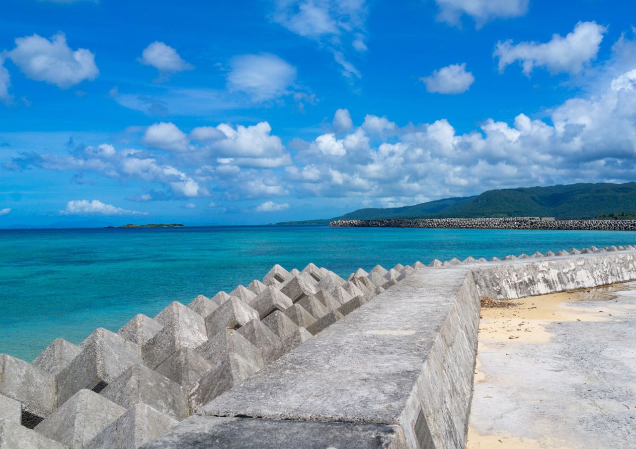 Concrete made tetrapods along Maruma beach, Yaeyama Islands, Iriomote, Japan.