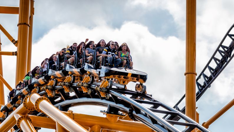 Riders catch hills 'n' thrills on the new Steel Curtain at Kennywood amusement park in Pittsburgh, Pennsylvania, on Friday, July 12, 2019, during a media day preview. Click through the gallery for more dazzling photos and information on the coaster: