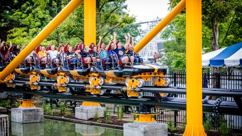 And it's back to the station for the inaugural riders of Steel Curtain at Kennywood.