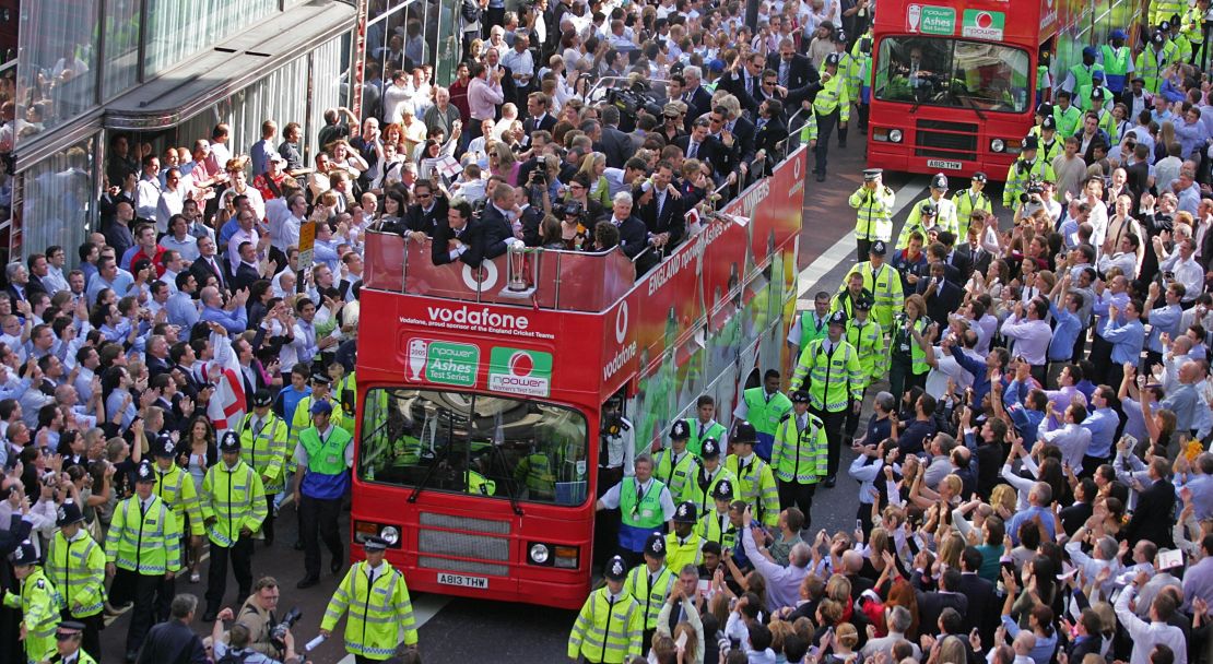 England's cricket team rides in an open top double decker bus after winning the 2005 Ashes.