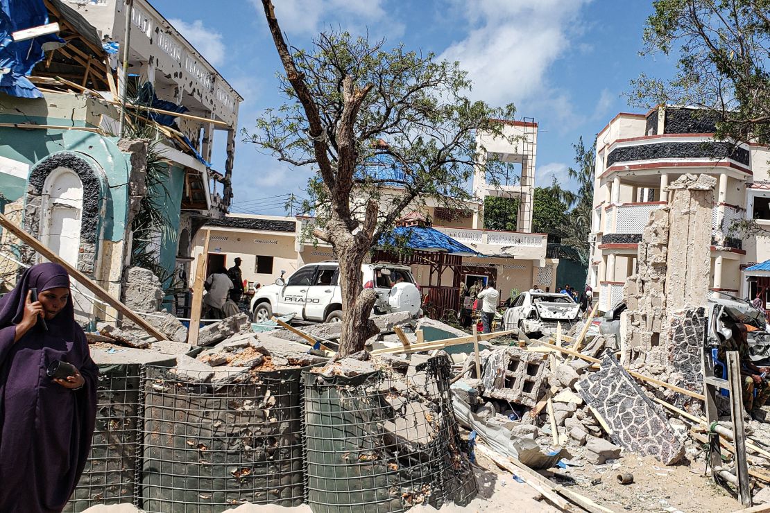 The Asasey Hotel in Kismayo, Somalia, the day after at least 26 people were killed in a terror attack.