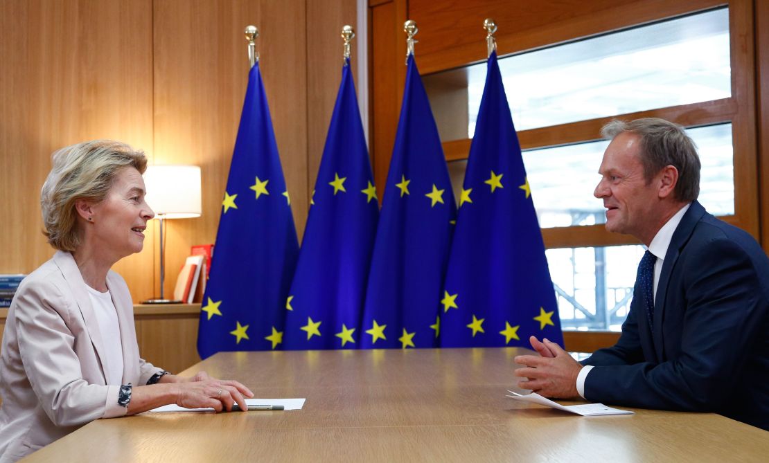 Outgoing EU Council President Donald Tusk (right) called the likely appointments of von der Leyen and Christine Lagarde as ECB chief "a perfect gender balance."