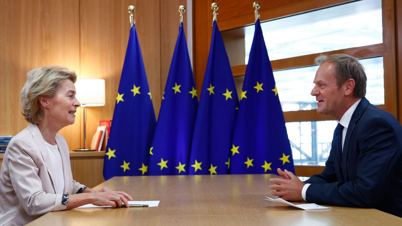 Outgoing EU Council President Donald Tusk (right) called the likely appointments of von der Leyen and Christine Lagarde as ECB chief "a perfect gender balance."