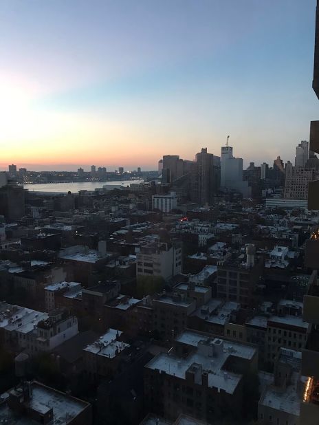 A view of the Hell's Kitchen neighborhood shows buildings in darkness.