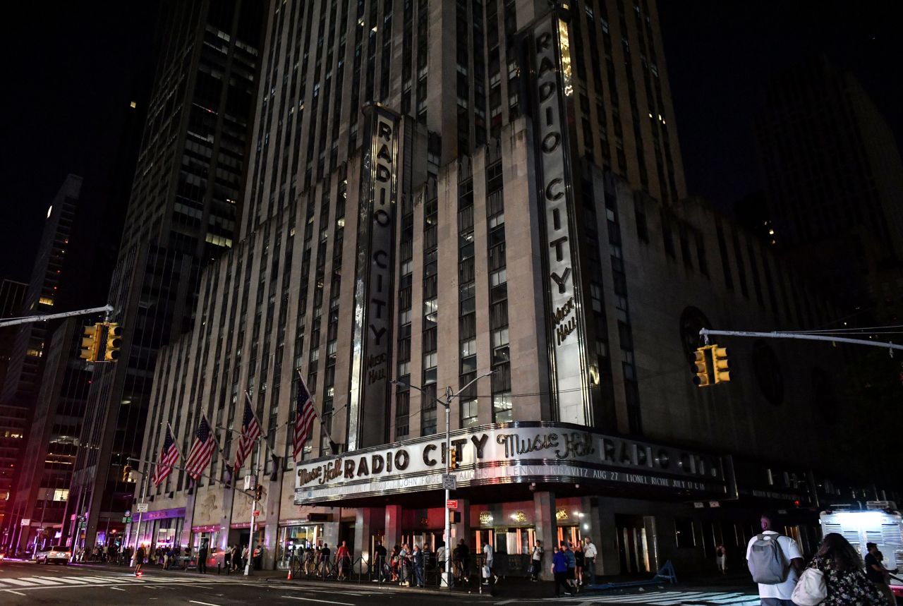 Radio City Music Hall is dark during the blackout.