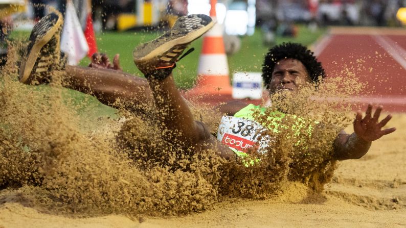 Geovany Paz of Cuba competes in the men's long jump at the International Athletics Meeting in Lucerne, Switzerland, on Tuesday, July 9.
