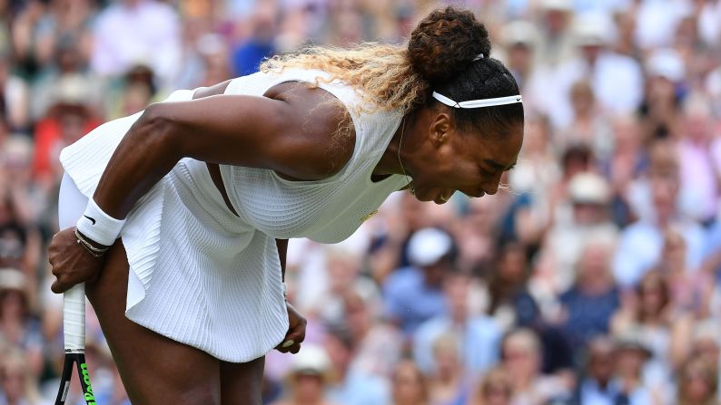 Serena Williams reacts during her match against Simona Halep in the Wimbledon final on Saturday, July 13.