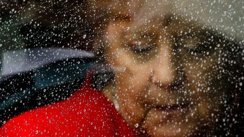 Rain drops cover the window of a car as Merkel arrives for the opening of the James-Simon-Galerie in Berlin, in July 2019. The James-Simon-Galerie is the new central entrance building for Berlin's historic Museums Island.
