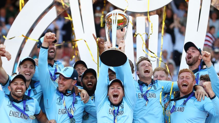 England captain Eoin Morgan lifts the World Cup trophy after his team's dramatic Super Over win over New Zealand in the final at Lord's.