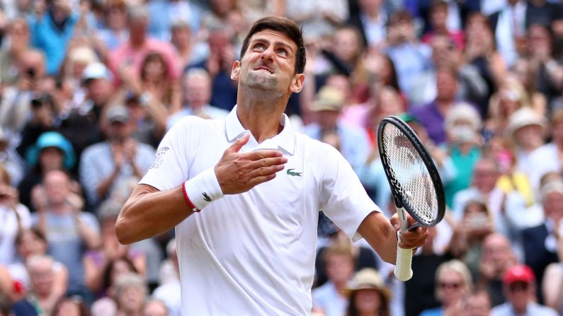 Novak Djokovic celebrates winning the singles final against Roger Federer during the Wimbledon 2019 at All England Lawn Tennis and Croquet Club on July 14 in London.