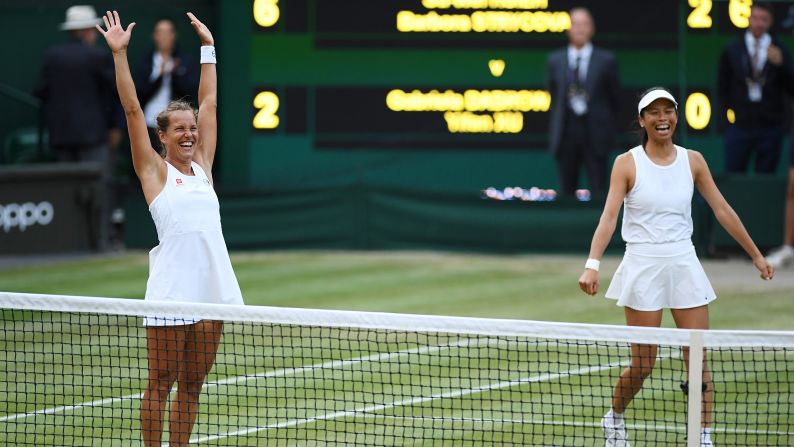 Barbora Strycova and partner Su-Wei Hsieh celebrate match point in their ladies' doubles final against Gabriela Dabrowski and Yifan Xu during the Wimbledon Tennis Championships on Friday, July 12.