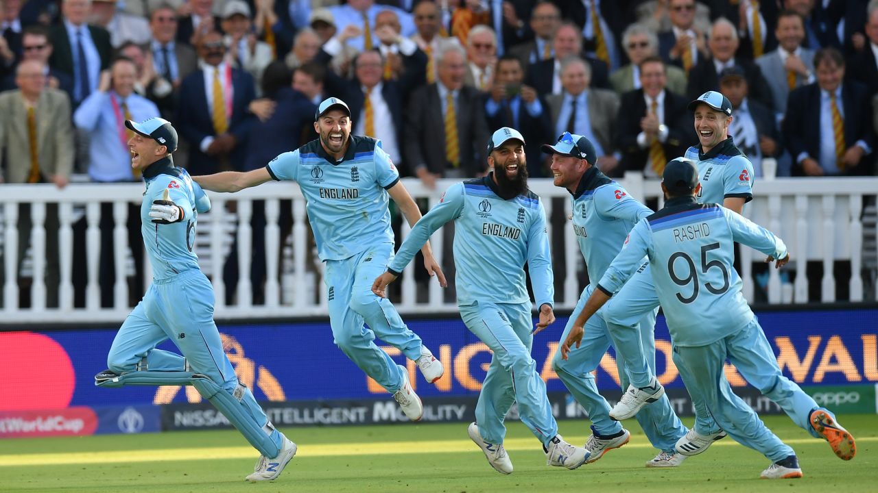 England's players celebrate after winning the Super Over at the World Cup final.