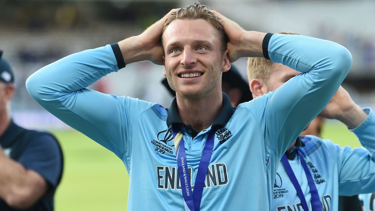 England's Jos Buttler celebrates on the pitch.