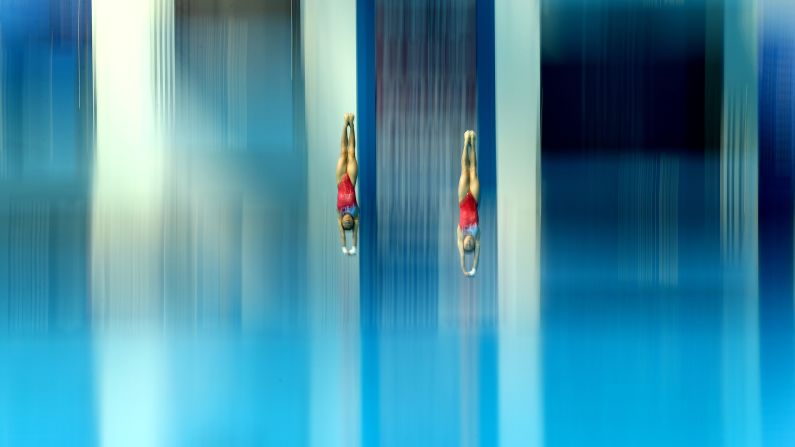 Wei Lu and Jiaqi Zhang of China compete in the women's 10m synchro platform final on Day 3 of 2019 FINA World Championships, in Gwangju, South Korea.