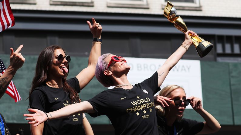 Alex Morgan, Megan Rapinoe, and Allie Long celebrate during the US Women's National Soccer Team Victory Parade and City Hall Ceremony on July 10 in New York City.