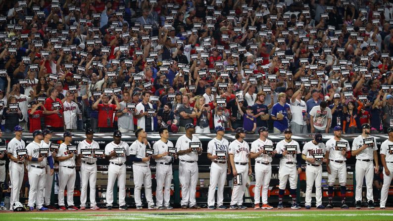 Players participate in the Stand Up To Cancer initiative during the 2019 MLB All-Star Game at Progressive Field on July 9 in Cleveland, Ohio.