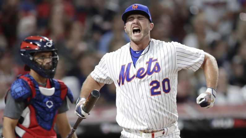 Pete Alonso of the New York Mets reacts during the Major League Baseball Home Run Derby, Monday, July 8, in Cleveland.