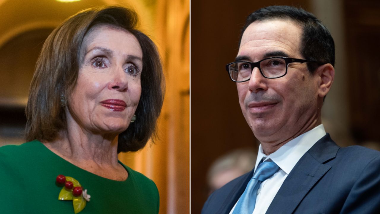House Speaker Nancy Pelosi, at left, announced Tuesday she had a deal with Treasury Secretary Steven Mnuchin, pictured at right, to fund the US federal government until December. 