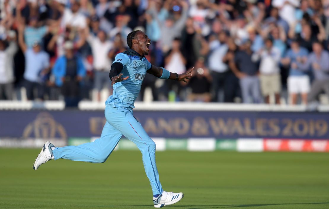 England's Jofra Archer celebrates after victory in the 2019 Cricket World Cup final 
