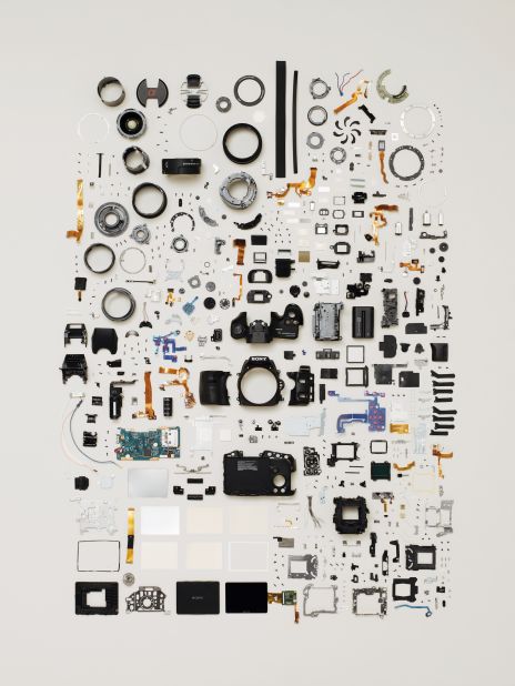 Featuring 580 separate parts, this digital SLR camera is one of the most complex objects in the book. McLellan tries to understand what each component does before creating his compositions. 