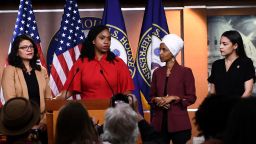 US Representatives Ayanna Pressley (D-MA) speaks as, Ilhan Omar (D-MN)(2R), Rashida Tlaib (D-MI) (R), and Alexandria Ocasio-Cortez (D-NY) look on during a press conference, to address remarks made by US President Donald Trump earlier in the day, at the US Capitol in Washington, DC on July 15, 2019. - President Donald Trump stepped up his attacks on four progressive Democratic congresswomen, saying if they're not happy in the United States "they can leave." (Photo by Brendan Smialowski / AFP)        (Photo credit should read BRENDAN SMIALOWSKI/AFP/Getty Images)