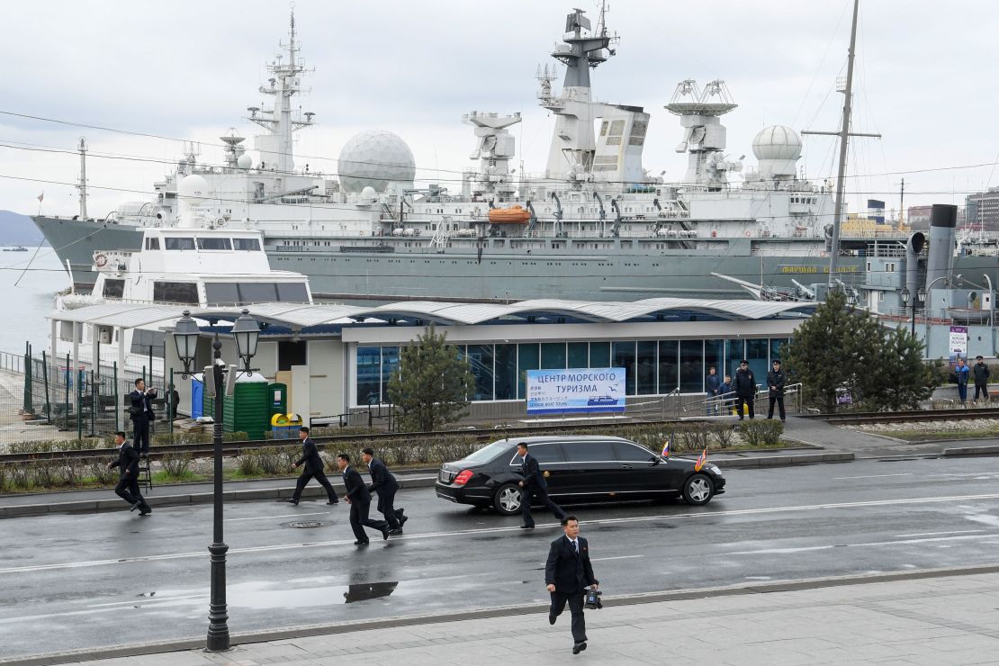 A limousine belonging to North Korean leader Kim Jong Un drives away after a wreath-laying ceremony at a World War II memorial in the far-eastern Russian port of Vladivostok on April 26. This does not appear to be one of the two vehicles discussed in the C4ADS report.