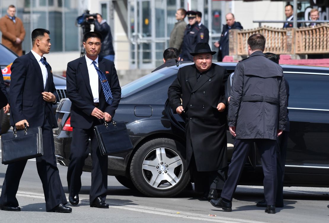 North Korean leader Kim Jong Un steps out of a vehicle for a ceremony upon his departure from Russia, outside the railway station in the far-eastern Russian port city of Vladivostok on April 26. This does not appear to be one of the two vehicles discussed in the C4ADS report.
