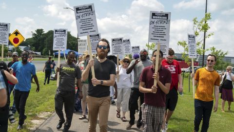 Workers, supporters and activists picketed outside the Amazon fulfillment center in Shakopee, Minn., Monday, July 15, 2019. 