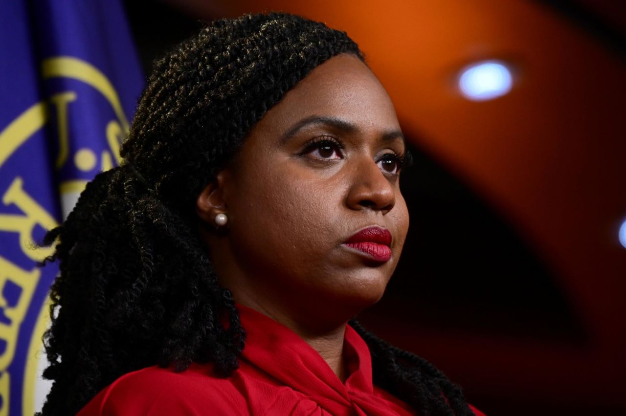 Pressley attends the news conference after Democrats in the House announced they would vote on a resolution to formally condemn Trump's racist attacks. Pressley referred to Trump's Twitter attacks as a "disruptive distraction" and said that she would encourage the American people "to not take the bait."