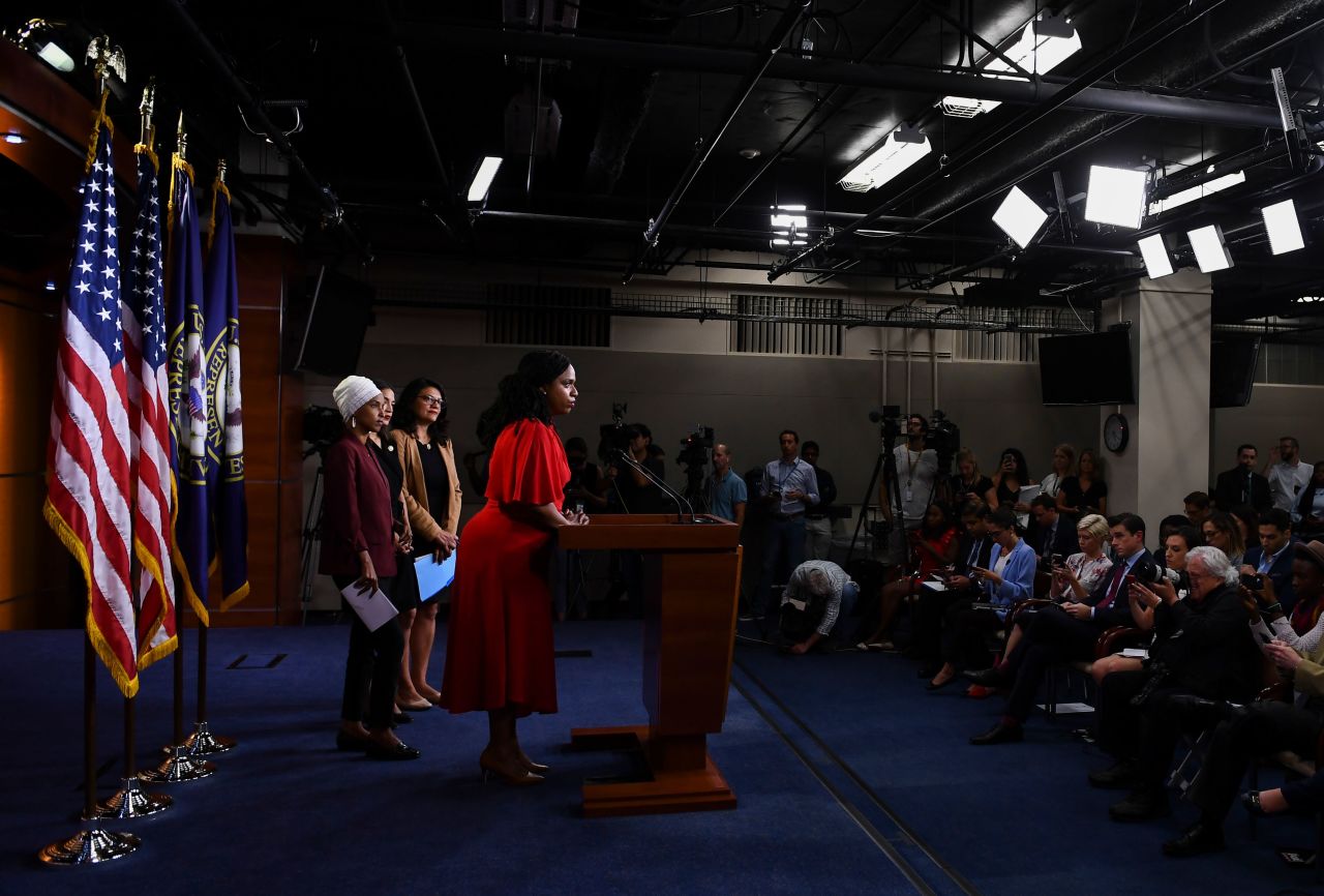 Pressley, who defeated an incumbent Democrat in an upset primary win last year for her seat, addresses the media at the US Capitol on Monday. During her remarks, she referred to Trump as "the occupant of our White House." "I will always refer to him as the occupant as he is only occupying space. He does not embody the grace, the empathy, the compassion, the integrity that the office requires and that the American people deserve," she said.