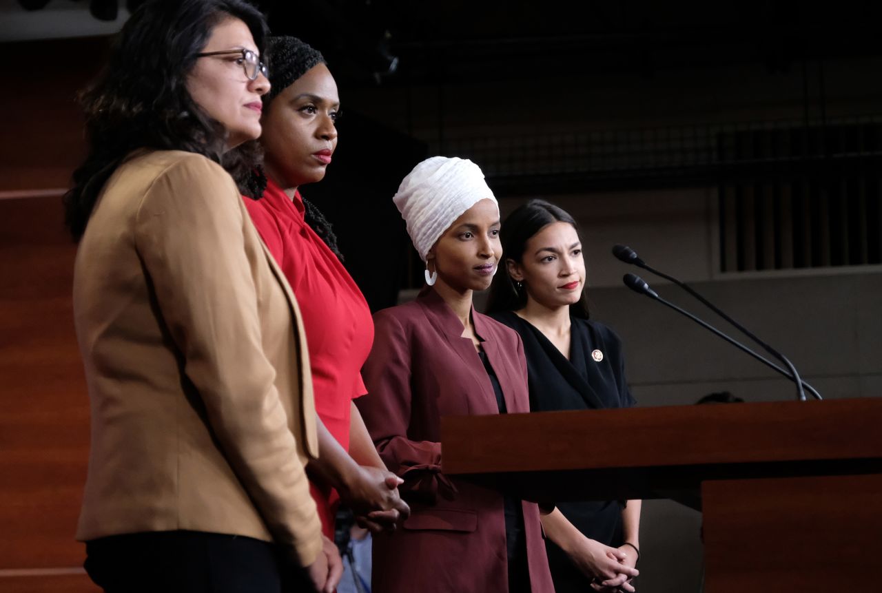 U.S. Rep. Rashida Tlaib, Rep. Ayanna Pressley, Rep. Ilhan Omar, and Rep. Alexandria Ocasio-Cortez pause between answering questions during a press conference at the U.S. Capitol on Monday, July 15 in Washington, DC. "The Squad," as they've come to be known on Capitol Hill, had been targeted by U.S. President Trump in a series of racist tweets.
