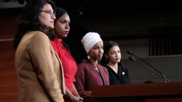 WASHINGTON, DC - JULY 15: U.S. Rep. Rashida Tlaib (D-MI), Rep. Ayanna Pressley (D-MA), Rep. Ilhan Omar (D-MN), and Rep. Alexandria Ocasio-Cortez (D-NY) pause between answering questions during a press conference at the U.S. Capitol on July 15, 2019 in Washington, DC. President Donald Trump stepped up his attacks on four progressive Democratic congresswomen, saying if they're not happy in the United States "they can leave." (Photo by Alex Wroblewski/Getty Images)