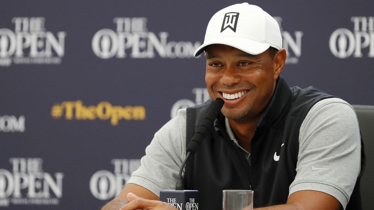 Tiger Woods talks to reporters ahead of The Open at Royal Portrush.